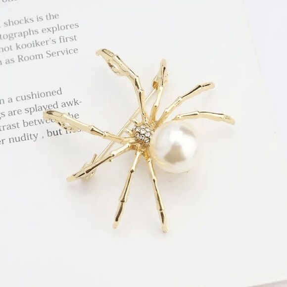 PEARL DIAMOND GOLD SPIDER BROOCH PIN - Picture 2 of 3
